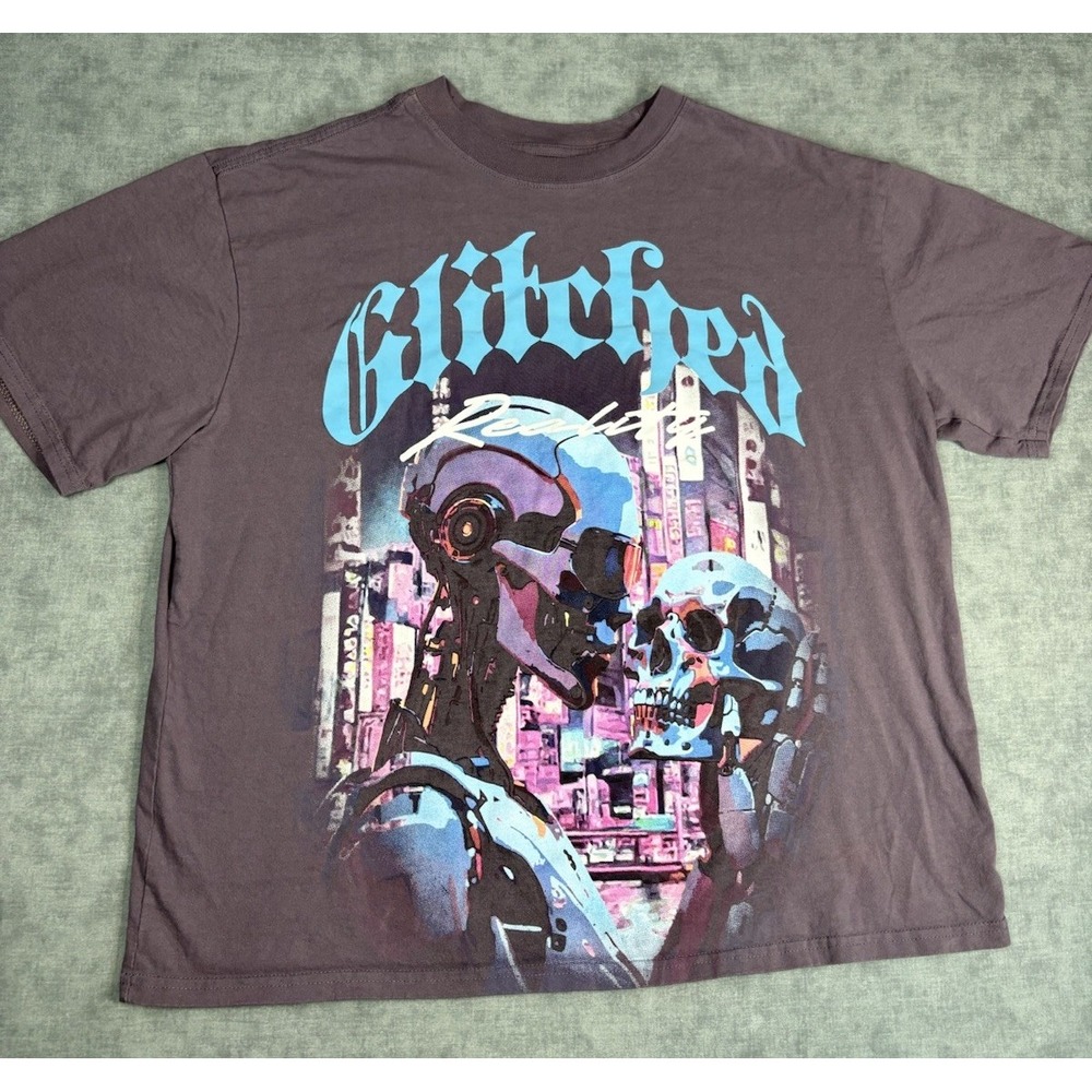 RGSTR Glitched Reality T Shirt Mens Large Robot Skull Graphic Streetwear Peru